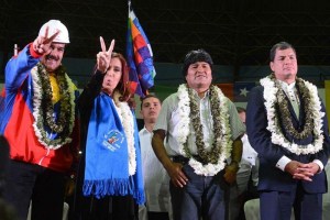 vlnr Maduro van Venezuela, Kirchner van Argentinie, Morales van Bolivia en Correa van Ecuador